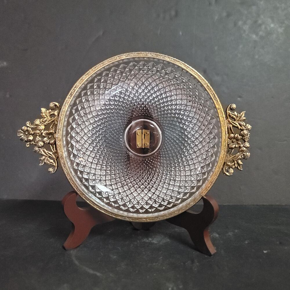 Vintage Hollywood Regency Trinket cut glass double gold metal handles